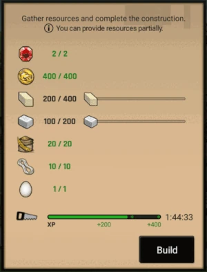 Supplying resources updates the total time (black) to time, construction will be finished with the resources supplied (blue).