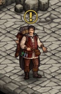 Travelling merchant with a yellow exclamation mark.