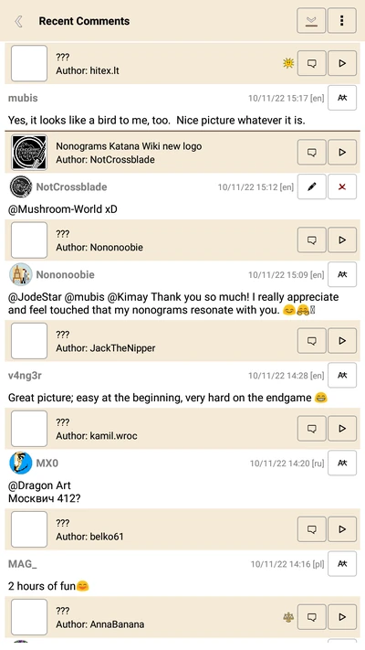 Recent comments. A thin black line can be seen under the first comment. "Show puzzle names" is disabled.
