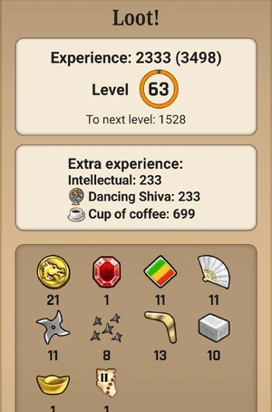 Example rewards for solving nonograms. Visible experience boost coming from skills, artifacts and consumables.