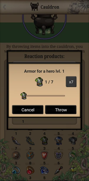 The first pop-up asks the player how many Armors for a hero lvl. 1 do they want to throw, while the second pop-up (behind) shows reaction products of the previous throw.