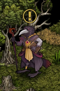 The big wise raven with a yellow exclamation mark.