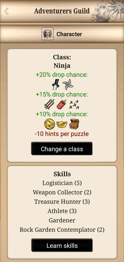 Character: class Ninja and skills learned.