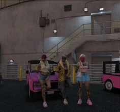 Alice, Nana, and Marty dressed for Barbie Crime.