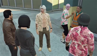 The four Stable Heads with Thom Yung paying $100,000 to the construction man on their Vinewood Racetrack