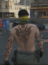 Flop's back tattoo after fighting with the clowns against the mimes