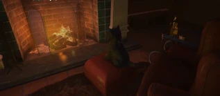 The Bark Knight by the fireplace