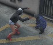 Disguised Molly and Benny goofing around while waiting for "customers"