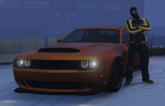 Jesus with his Dodge Challenger Demon as "monkaSteer"