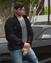 Off-Duty Pred leaning on his car