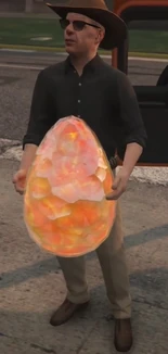 Crane with a dragon egg he discovered after foreclosing a home