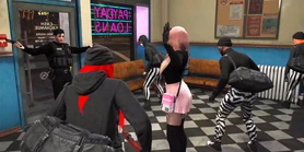 Lane, Rue, Mason, and V making Officer Dominic Rhodes dance funny during the Raiders MC's seventh cash exchange heist July 26, 2024