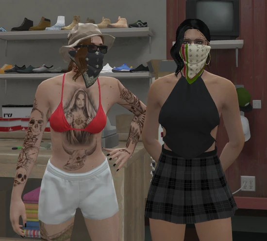 Viola and Cassie pose together in a clothing store, both wearing their Saints flags.
