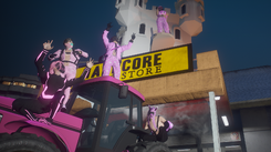 (From left to right) Leyla, Gloryon, Bjorn, Yeager, and Lando posing on top of Yeager's tractor in front of the Guild Hall.