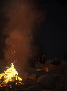 Cassie and Ventura sit at a campfire set up in the Paleto forest for her birthday on October 2, 2025.
