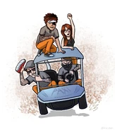 The Pack riding their golf cart around the prison.