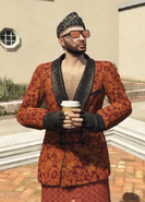 Kraytor having his morning coffee in his mansion attire.