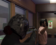 Holding the hostage at gunpoint during her first bank heist