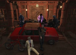 (From left to right) Lando, Meowfurryon, Bjorn, Yeager and Stagdancer inside of Rooster's Rest with their vehicles