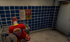 Mason using his "Piss Strat" to urinate in the employee sink.