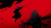 Red background. Yato in the midground, suspended mid-air as he finishes a slash with his katana. He is depicted as a near-silhouette, with glowing blue eyes. Bishamon in the foreground, pictured from behind. She is reaching out with her right hand and her hair is strewn out around her head. There is blight in extensive patches on her body.