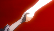 A red background. Two hands holding one another, with their arms traversing the frame diagonally. The right person's arm (belonging to Hiyori) is bright and glowing, while the left person's arm (belonging to Yato) is more dull, with a ragged, gray sleeve that ends just below the elbow.