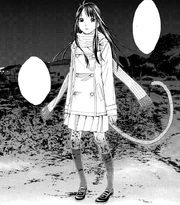 Hiyori stands straight in her half-ayakashi form. Her tail is behind her. From the knees down, her body is partially translucent.