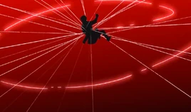 A red background, with the sillhouette of a falling man toward the upper-middle. Multiple straight, white threads (representing Yusuke's bonds) radiate outward/offscreen from the sillhouette. Another thin, white thread (representing Sekki's Sunder), spirals loosely from the silhouette. The spiral intersects all of the straight threads.