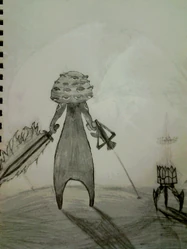 Eyes holding and energy sword and a super splinter gun, Nuclear throne tattoos (my own Idea of a symbol for looping) on his shoulders. the crown of love stands next to him.