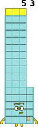 Fifty-Three is a very curious prime number. What she’s mainly curious about is about imagining if other Numberblocks had the “Big Ten Block” aspect. She introduces bases, in this case, she’s sixteen blocks high with five blocks left over. If each group of the sixteen blocks were instead interpreted into base-16, she would become 35 - three Sixteens and five Ones (Which I would call it Thirxen-Five)! She also likes it when there's no gravity, for some reason.