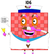 Numberblock 106. He is the numberland ice cream man. He has 6 dark blue blocks because 106 is male. (Don't ask me why)