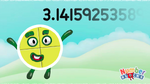 Numberblock Pi with their Numberling as 3.14159253589 instead of π. Note: the 6 between 2 and 5 is missing