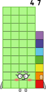 Forty-Seven is most often called “The Not So Social Prime”. She prefers to be a wall flower and go unnoticed, which interferes with the Numberblocks’ friendships with her. She tends to try to hide her face whenever she blushes or feels uncomfortable. Clearly, she is shy, but once you break through her thick outer shell, she's very nice and a worthy character. Also, she has a fascination with anything that's made of silver, as she's the atomic number of silver and is also a Leapfrog/Lucas Number. For short: not too cocky, Low self esteem, clumsy...