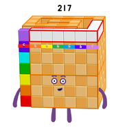 JingzheChina's 217: He is 7x31, so he has a rainbow calender bar. He is also one more than the cute cube. He loves calenders, as there are 217 available combinations of day of the week and date. If you say "Friday the Thirteenth" when he is in the 7x31 rectangle arrangement, then the fifth block in his 13th row from the bottom falls out and he turns into the cute cube.