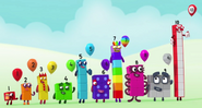 The Numberblocks with their Numberballoons in "The Three Threes". Note that Seven is not holding his string.