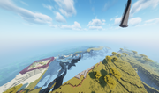 A screenshot from Minecraft showing chunks not being rendered properly. The landscape appears fragmented, with some areas missing or not fully loaded, likely due to the intensive demand of displaying many blocks with a 3D texture pack.