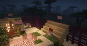 A screenshot from the game Minecraft showing the Melonanarchy spawn area. The spawn is bordered by cherry fences and features several signs with warnings and directions. The area is well-lit with glowstone, and cherry blossom materials add a vibrant pink color to the scene.