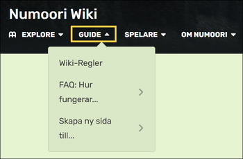 En bild som visar Numoori Wikis huvudmeny, med "Guide" alternativet inringat i gul färg.