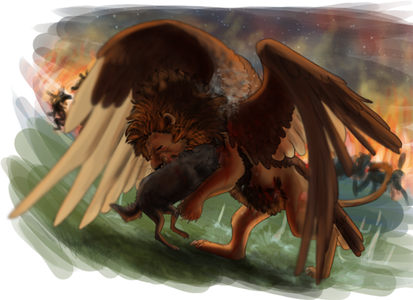 Azazel slåss mot Mivria i kriget mellan Qu och Devils. Vargar slåss med eld i bakgrunden och istappar täcker marken.