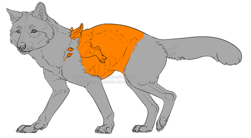 En hellhound med avvikande kroppsform, ett litet deformerat extra ben bakom frambenen, och ögon och öron på axlarna och skuldrorna