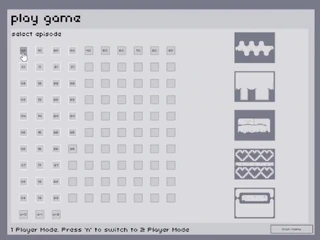Image of the episode select screen in N. The episodes are laid out in a grid on the left, with a preview of the levels of the highlighted episode on the right.