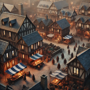 A medieval town with a cozy atmosphere and fewer people in the streets