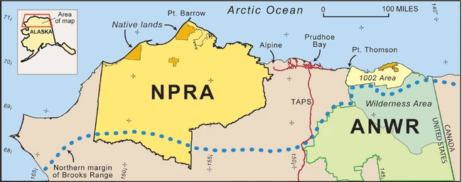 Map of northern Alaska showing location of Arctic National Wildlife Refuge, ANWR-en:1002 area, and the National Petroleum Reserve-Alaska (NPRA).