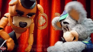 Chuck E. mocking saying he’s just a puppet with a hand in his rear end controlling him. (Oh the irony