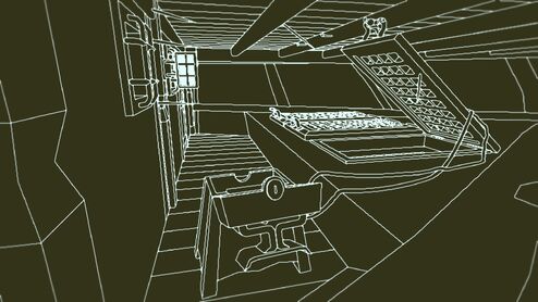 The inside of a locked room on a ship. The foreground contains an ornate chest of heavy design with the top open to show it devoid of contents. On the right there are three hatches into water filled compartments, the nearest of which is open. The left shows a wall with several spikes embedded in it.