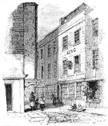 A 19th-century illustration of Cock Lane. The haunting took place in the three-storey building on the right.