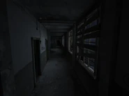 The hallway where you fight an Ogre and climb a wall with Corey. There's no water here, there are more doors and the door at the end is open. You can even see a hallway behind it through the window.