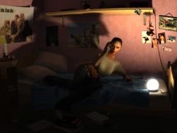 Ashley speaking to Kenny on a phone in her room.