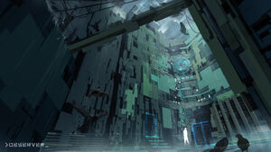 A large holographic projection within a courtyard.