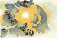 The overworld map of Gaia in Before the Lost Realm. East is on the top, so Arcadia lies on to two large landmasses to the left and the bottom.